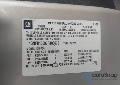 2007 Chevrolet Tahoe Ltz z USA, uszkodzony, nr VIN 1GNFK13097R108670